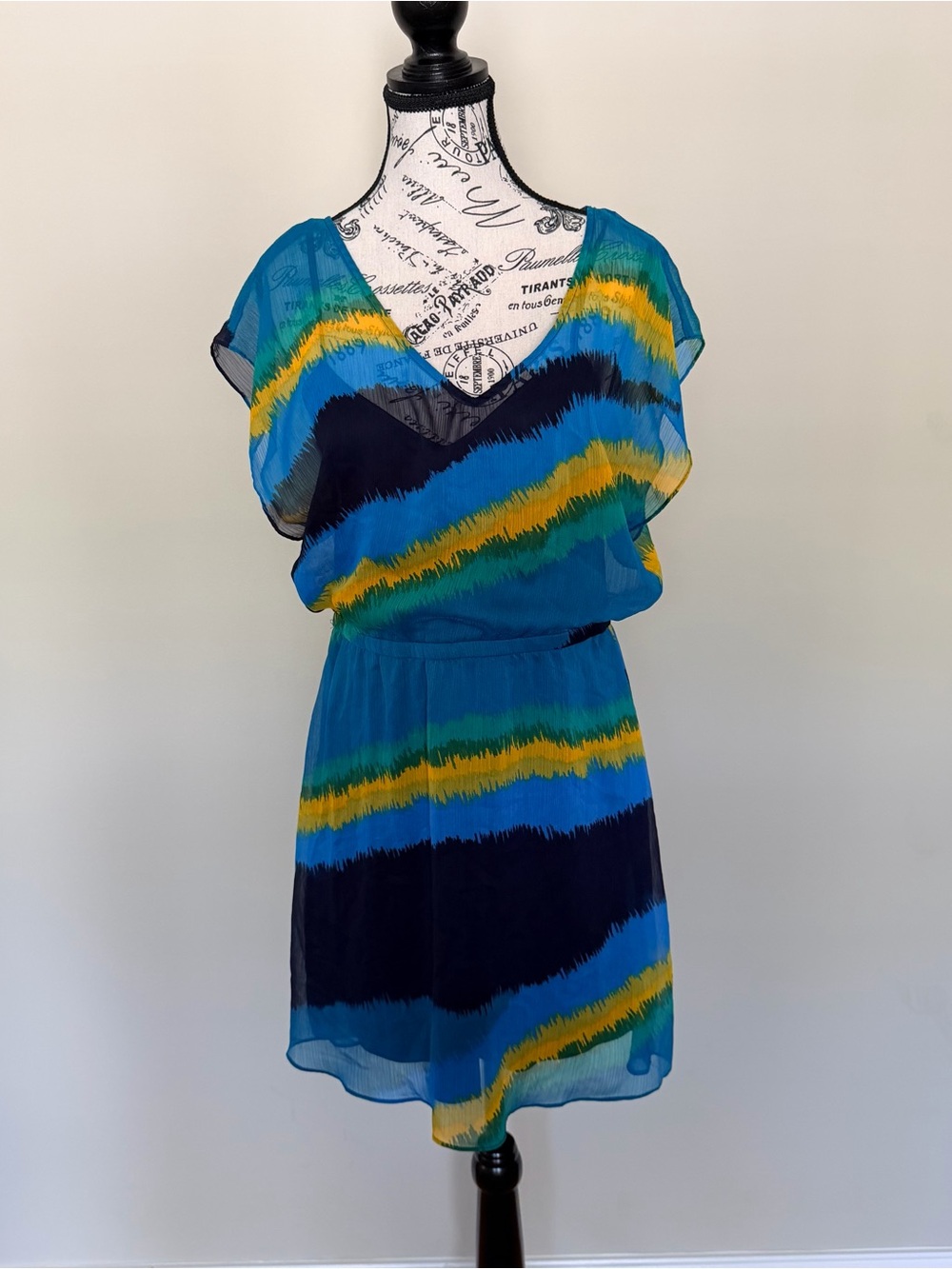 Express Blue Multicolor Striped V-Neck Chiffon Dress